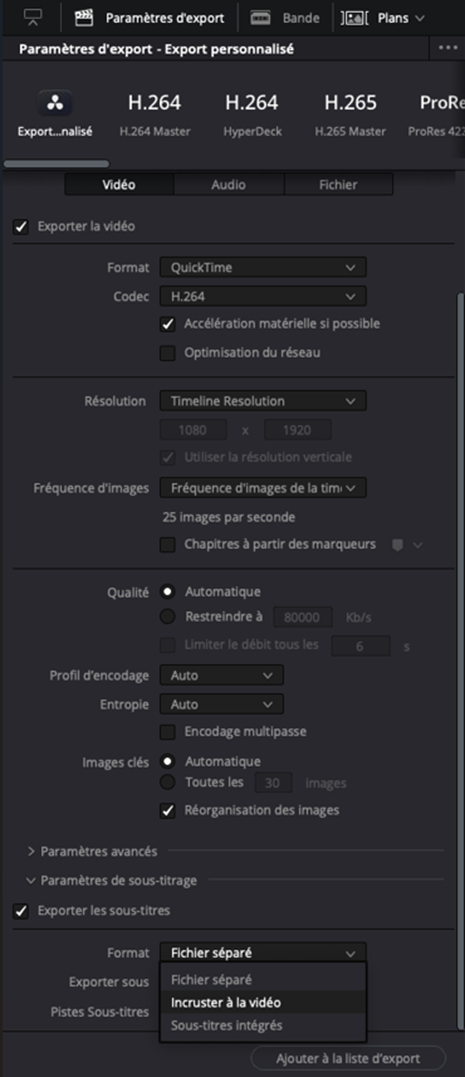Fenêtre des paramètres d’exportation de DaVinci Resolve affichant les options vidéo H.264 : format QuickTime, résolution verticale 1080×1920, fréquence 25 fps, qualité automatique, encodage matériel activé et sous‑titres exportés en fichier séparé.