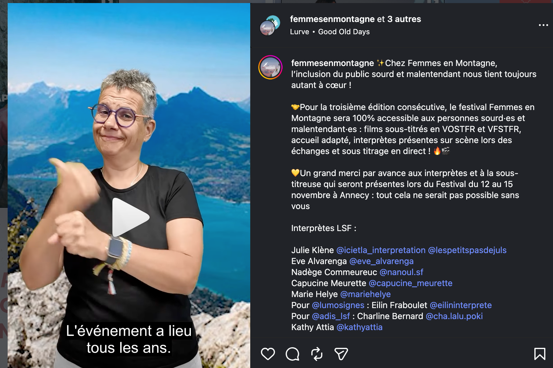 Capture de la publication du compte instagram @femmesenmontagne avec une vidéo sous-titrée. Transcription textuelle de la publication en dessous de l'image.
